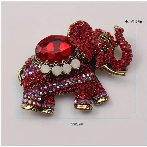 Red Rhinestone Elephant Brooch With Crystals & Opal Accents - Picture 2 of 2